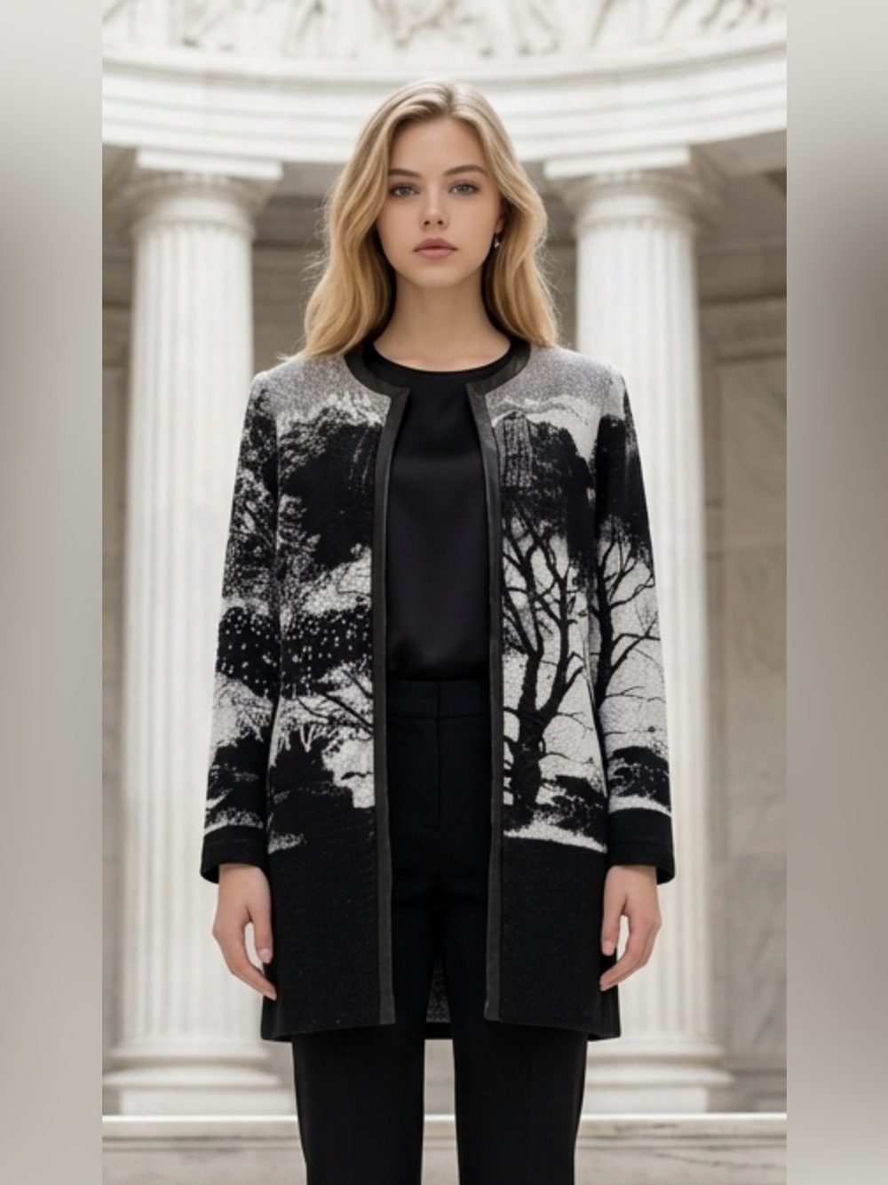 Frank Lyman Design Black & White Scenic Open-Front Trench Coat